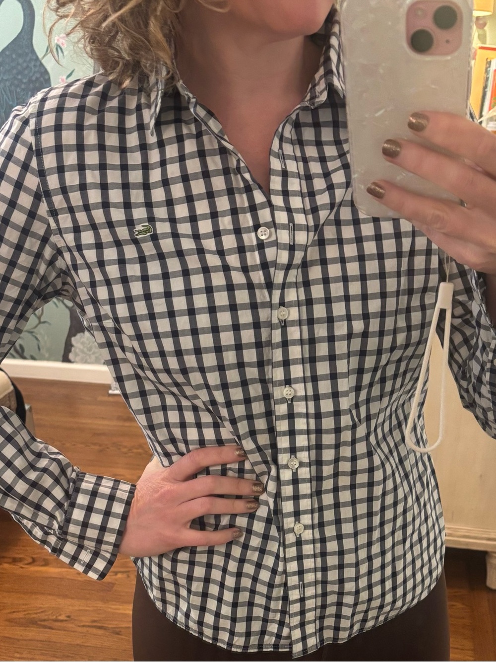 Lacoste Navy and White Check Cotton Button-Down Shirt 42 M